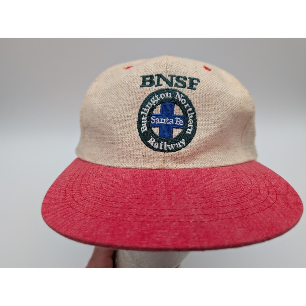 Vintage Cameo BNSF Railway Hat 100% Linen Snapback Tan Red Railroad Cap